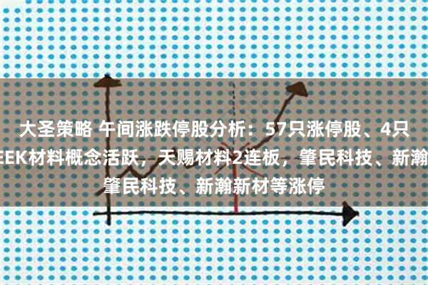 大圣策略 午间涨跌停股分析：57只涨停股、4只跌停股，PEEK材料概念活跃，天赐材料2连板，肇民科技、新瀚新材等涨停