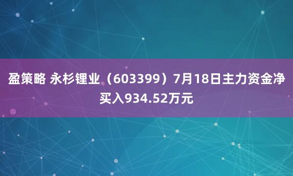 盈策略 永杉锂业（603399）7月18日主力资金净买入934.52万元
